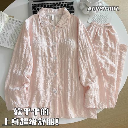 FA38480# 风格子睡衣女带胸垫春秋季长袖长裤开衫纯色一体式家居服 服裝批發女裝批發服飾貨源