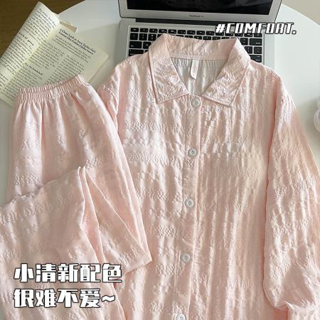 FA38480# 风格子睡衣女带胸垫春秋季长袖长裤开衫纯色一体式家居服 服裝批發女裝批發服飾貨源