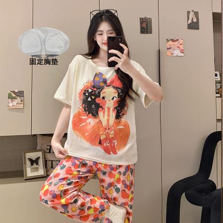 夏季爆款短长粉红女孩睡衣女卡通带胸垫夏季云朵棉套装 服裝批發女裝批發服飾貨源