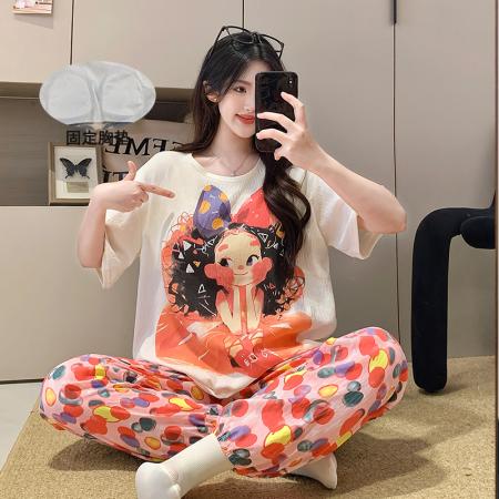FA38482# 夏季爆款短长粉红女孩睡衣女卡通带胸垫夏季云朵棉套装 服裝批發女裝批發服飾貨源