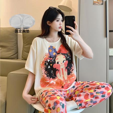 FA38482# 夏季爆款短长粉红女孩睡衣女卡通带胸垫夏季云朵棉套装 服裝批發女裝批發服飾貨源