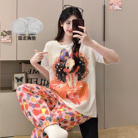 FA38482# 夏季爆款短长粉红女孩睡衣女卡通带胸垫夏季云朵棉套装 服裝批發女裝批發服飾貨源