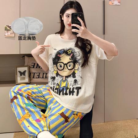 夏季爆款短长辫子女孩睡衣女卡通带胸垫夏季云朵棉套装 服裝批發女裝批發服飾貨源