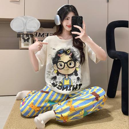 FA38483# 夏季爆款短长辫子女孩睡衣女卡通带胸垫夏季云朵棉套装 服裝批發女裝批發服飾貨源