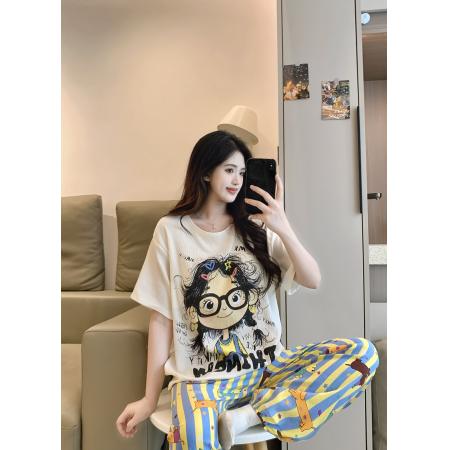 FA38483# 夏季爆款短长辫子女孩睡衣女卡通带胸垫夏季云朵棉套装 服裝批發女裝批發服飾貨源