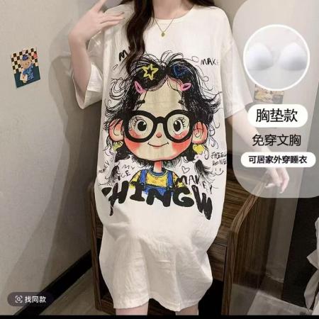 FA38484# 短袖带胸垫睡裙女云朵棉夏季卡通可爱家居服连衣裙可外穿 服裝批發女裝批發服飾貨源