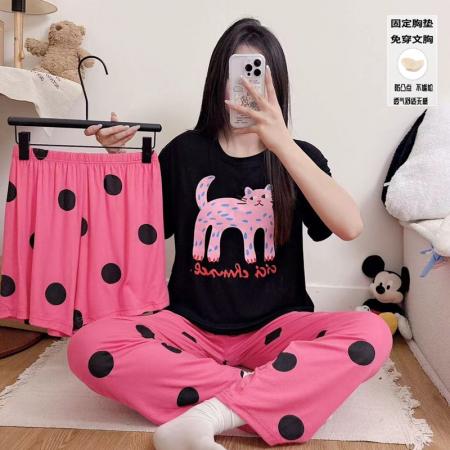 莫代尔睡衣女夏季短袖带胸垫凉感甜美家居服三件套套装 服裝批發女裝批發服飾貨源