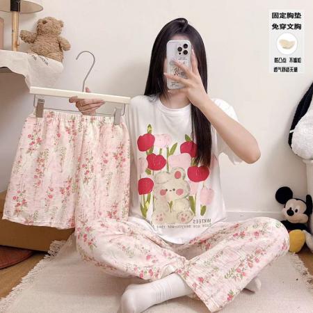 FA38485# 莫代尔睡衣女夏季短袖带胸垫凉感甜美家居服三件套套装 服裝批發女裝批發服飾貨源
