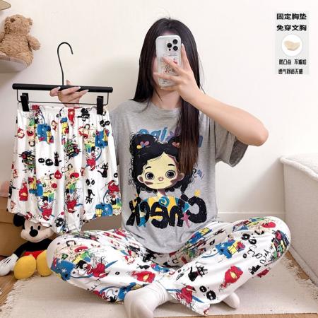 FA38485# 莫代尔睡衣女夏季短袖带胸垫凉感甜美家居服三件套套装 服裝批發女裝批發服飾貨源