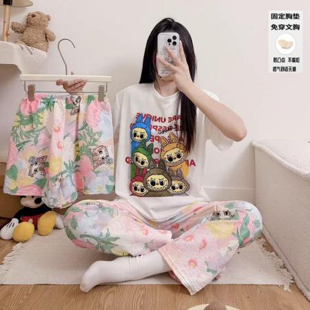 莫代尔睡衣女夏季短袖带胸垫凉感甜美家居服三件套套装 服裝批發女裝批發服飾貨源