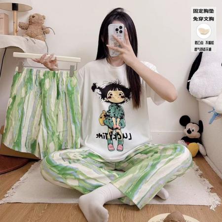FA38486# 莫代尔睡衣女夏季短袖带胸垫凉感甜美家居服三件套套装 服裝批發女裝批發服飾貨源