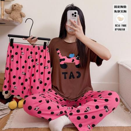 FA38486# 莫代尔睡衣女夏季短袖带胸垫凉感甜美家居服三件套套装 服裝批發女裝批發服飾貨源
