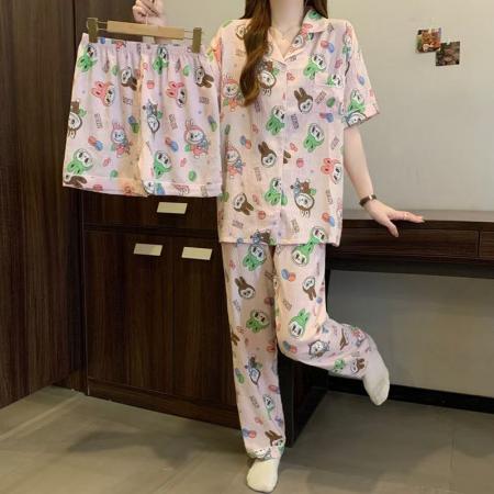 FA38487# 新款labubu云朵棉卡通睡衣居家服可外穿可爱小翻领短袖短裤三件套 服裝批發女裝批發服飾貨源