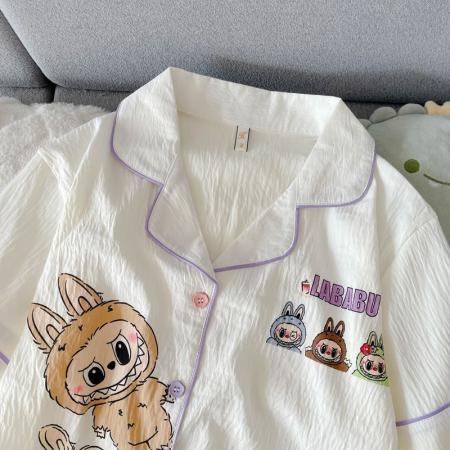 FA38489# 新款labubu云朵棉卡通睡衣居家服可外穿可爱小翻领短袖短裤三件套 服裝批發女裝批發服飾貨源