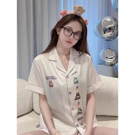 FA38491# 双短ins风人字斜冰丝开衫小翻领短袖短裤睡衣女labubu家居服 服裝批發女裝批發服飾貨源