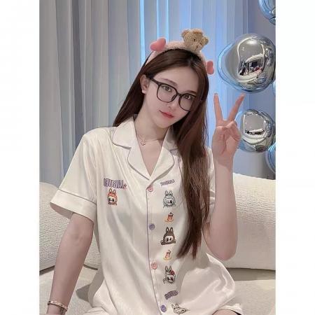 FA38491# 双短ins风人字斜冰丝开衫小翻领短袖短裤睡衣女labubu家居服 服裝批發女裝批發服飾貨源