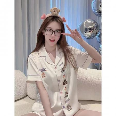 FA38491# 双短ins风人字斜冰丝开衫小翻领短袖短裤睡衣女labubu家居服 服裝批發女裝批發服飾貨源