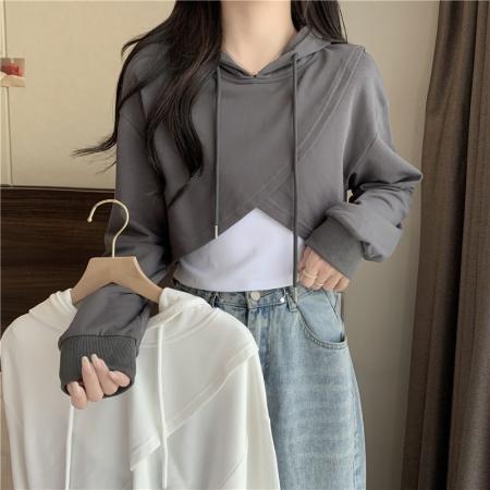FA38493# 华棉复合不规则两件套短款长袖上衣 服裝批發女裝批發服飾貨源