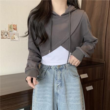 FA38493# 华棉复合不规则两件套短款长袖上衣 服裝批發女裝批發服飾貨源