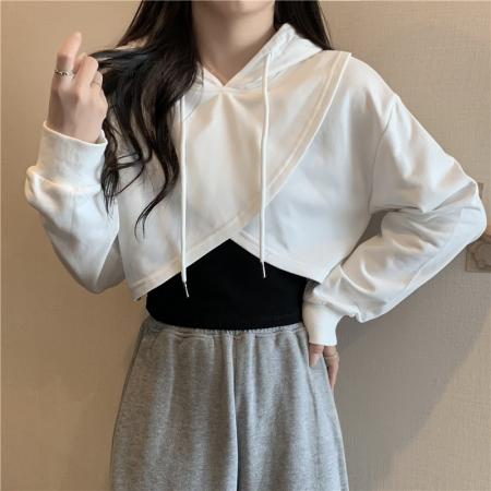 FA38493# 华棉复合不规则两件套短款长袖上衣 服裝批發女裝批發服飾貨源