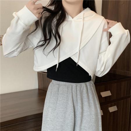 FA38493# 华棉复合不规则两件套短款长袖上衣 服裝批發女裝批發服飾貨源