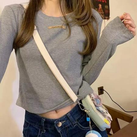 莫代尔罗纹长袖T恤女秋冬上衣内搭设计感修身打底衫 服裝批發女裝批發服飾貨源