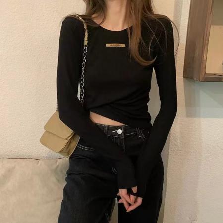 FA38494# 莫代尔罗纹长袖T恤女秋冬上衣内搭设计感修身打底衫 服裝批發女裝批發服飾貨源