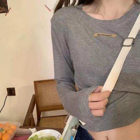 FA38494# 莫代尔罗纹长袖T恤女秋冬上衣内搭设计感修身打底衫 服裝批發女裝批發服飾貨源