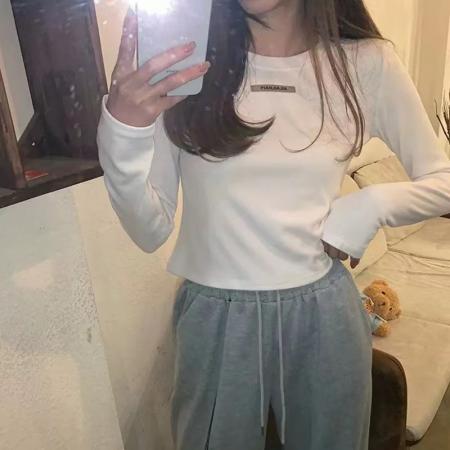 FA38494# 莫代尔罗纹长袖T恤女秋冬上衣内搭设计感修身打底衫 服裝批發女裝批發服飾貨源