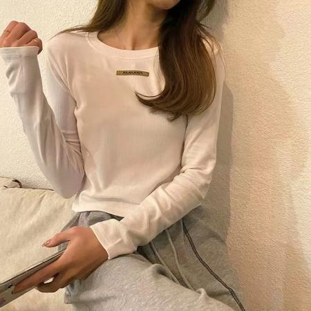 FA38494# 莫代尔罗纹长袖T恤女秋冬上衣内搭设计感修身打底衫 服裝批發女裝批發服飾貨源