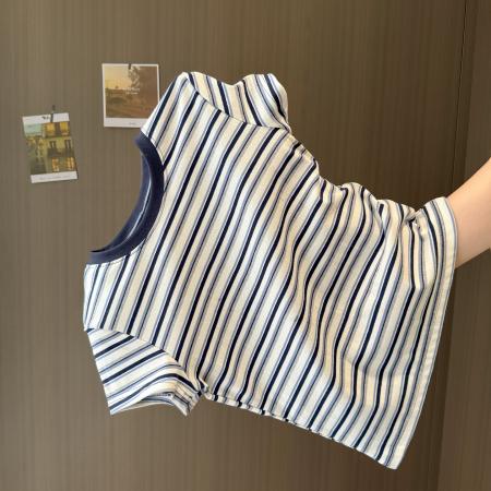实拍短款短袖T恤女夏季修身韩版内搭可外穿打底衫撞色条纹上衣 服裝批發女裝批發服飾貨源