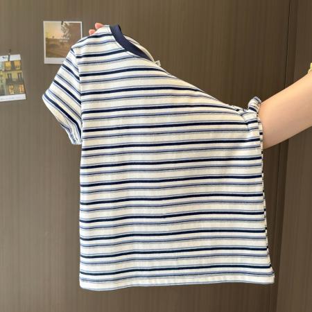 FA38496# 实拍短款短袖T恤女夏季修身韩版内搭可外穿打底衫撞色条纹上衣 服裝批發女裝批發服飾貨源