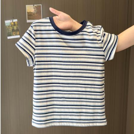 FA38496# 实拍短款短袖T恤女夏季修身韩版内搭可外穿打底衫撞色条纹上衣 服裝批發女裝批發服飾貨源