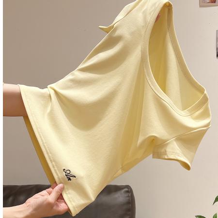 纯棉罗纹U领正肩刺绣甜辣妹短袖T恤女夏季修身显瘦百搭上衣 服裝批發女裝批發服飾貨源