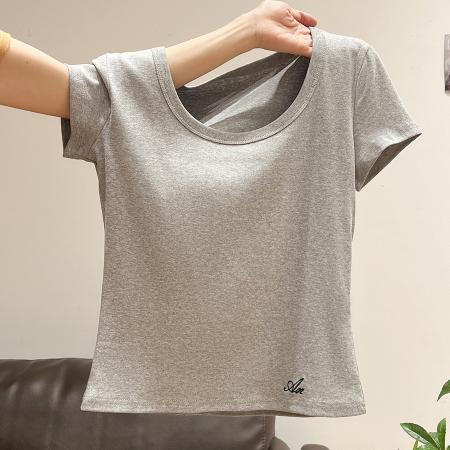 FA38497# 纯棉罗纹U领正肩刺绣甜辣妹短袖T恤女夏季修身显瘦百搭上衣 服裝批發女裝批發服飾貨源