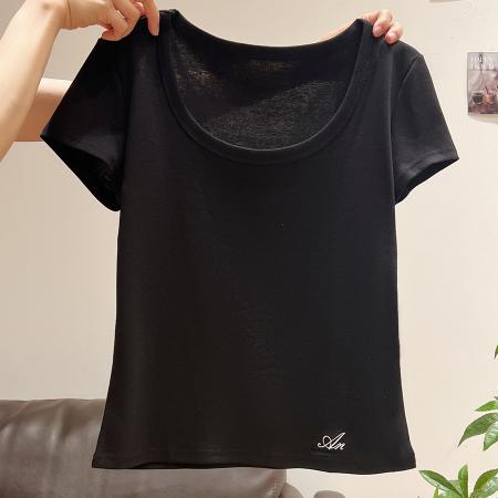 FA38497# 纯棉罗纹U领正肩刺绣甜辣妹短袖T恤女夏季修身显瘦百搭上衣 服裝批發女裝批發服飾貨源