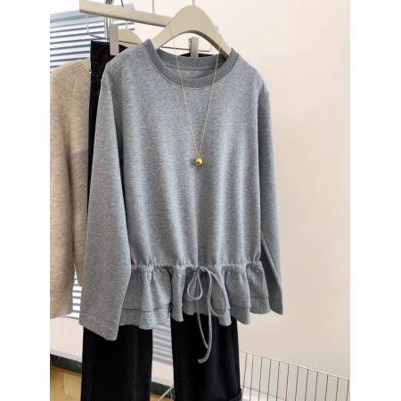 FA38502# 灰色木耳边长袖t恤女新款秋季设计感收腰上衣空气层 服裝批發女裝批發服飾貨源