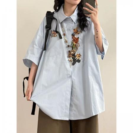 FA38506# 夏季日系休闲文艺少年感趣味卡通刺绣短袖衬衫上衣女潮 服裝批發女裝批發服飾貨源