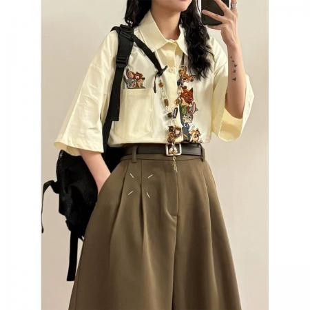 FA38506# 夏季日系休闲文艺少年感趣味卡通刺绣短袖衬衫上衣女潮 服裝批發女裝批發服飾貨源