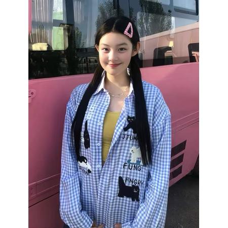 FA38507# 美式复古格子衬衫女学院风百搭卡通毛巾绣学院风小个子上衣衬衣潮 服裝批發女裝批發服飾貨源