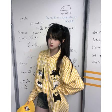 FA38507# 美式复古格子衬衫女学院风百搭卡通毛巾绣学院风小个子上衣衬衣潮 服裝批發女裝批發服飾貨源