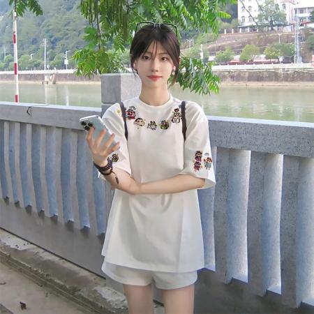 FA38508# 刺绣【纯棉】螺纹领+包边拉肩 服裝批發女裝批發服飾貨源