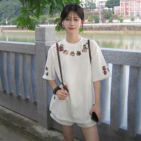 FA38508# 刺绣【纯棉】螺纹领+包边拉肩 服裝批發女裝批發服飾貨源