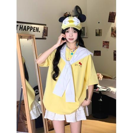 FA38509# 可拆卸 绣花披肩【纯棉】短袖T恤女 服裝批發女裝批發服飾貨源