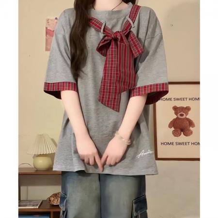 刺绣+原版纯棉格子【纯棉】短袖T恤女 服裝批發女裝批發服飾貨源