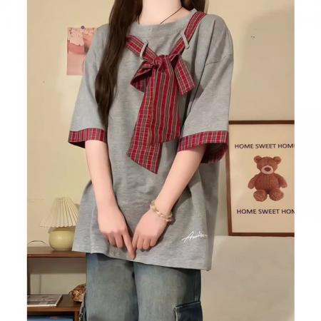 刺绣+原版纯棉格子【纯棉】短袖T恤女 服裝批發女裝批發服飾貨源