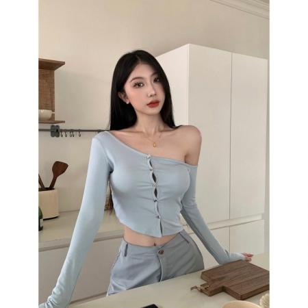 FA38516# 秋季纯欲一字肩性感小众甜辣妹长袖高腰露脐短款上衣 服裝批發女裝批發服飾貨源