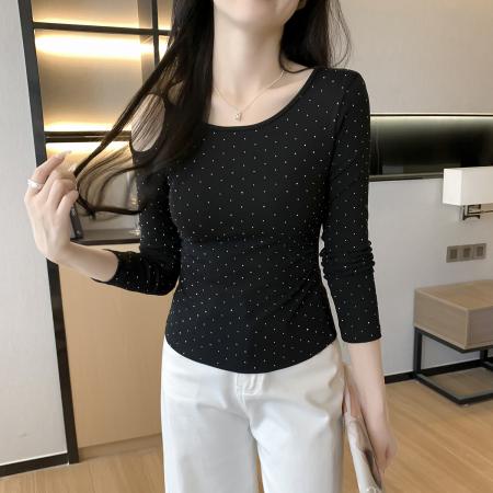 FA38518# 【莫代尔人棉】烫钻斜肩长袖T恤女辣妹风露肩气质上衣女装 服裝批發女裝批發服飾貨源