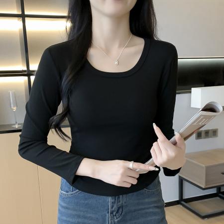 FA38520# 【莫代尔人棉】方领弧形下摆t恤女长袖春秋新款不规则上衣 服裝批發女裝批發服飾貨源