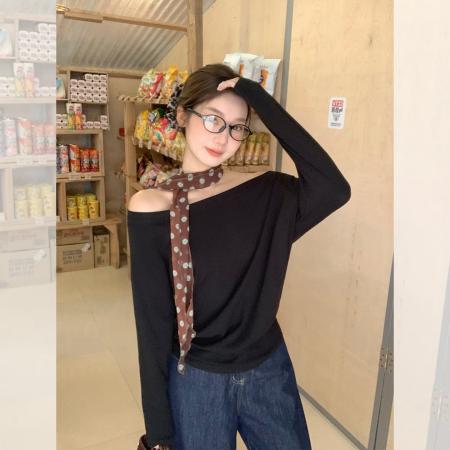 FA38521# 【莫代尔人棉】斜肩长袖t恤女秋新款纯欲风宽松显瘦露肩打底衫 服裝批發女裝批發服飾貨源